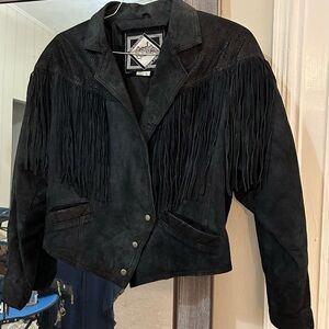 Body Exteriors black suede fringed jacket. Size L.